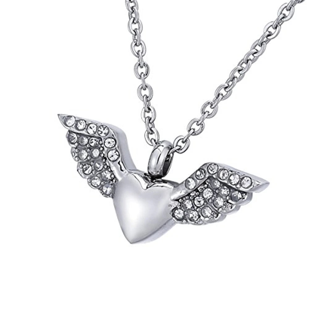 Stainless Steel Silver Plated Crystal Angel Heart Wings Urn Pendant Cremation Ash Holder Memorial Keepsake Jewel Children's