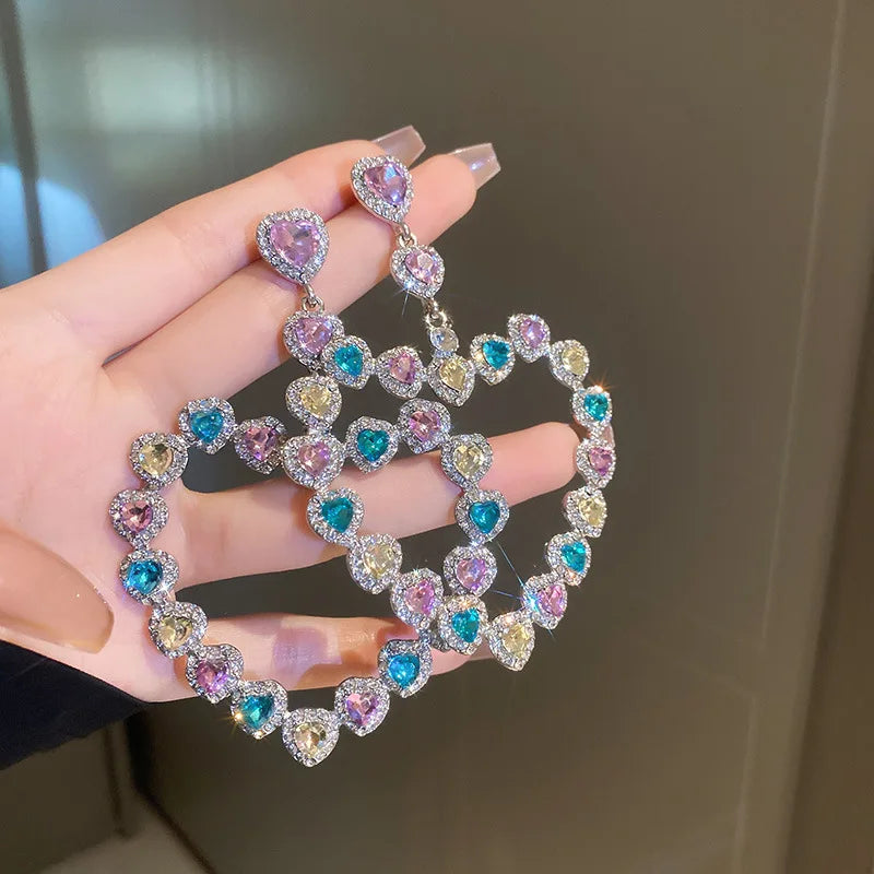 SC 2022 Trendy Sweet Jewelry Accessories Korean Diamond Zircon Drop Earrings Big Heart Long Rhinestones Earrings for Women Party