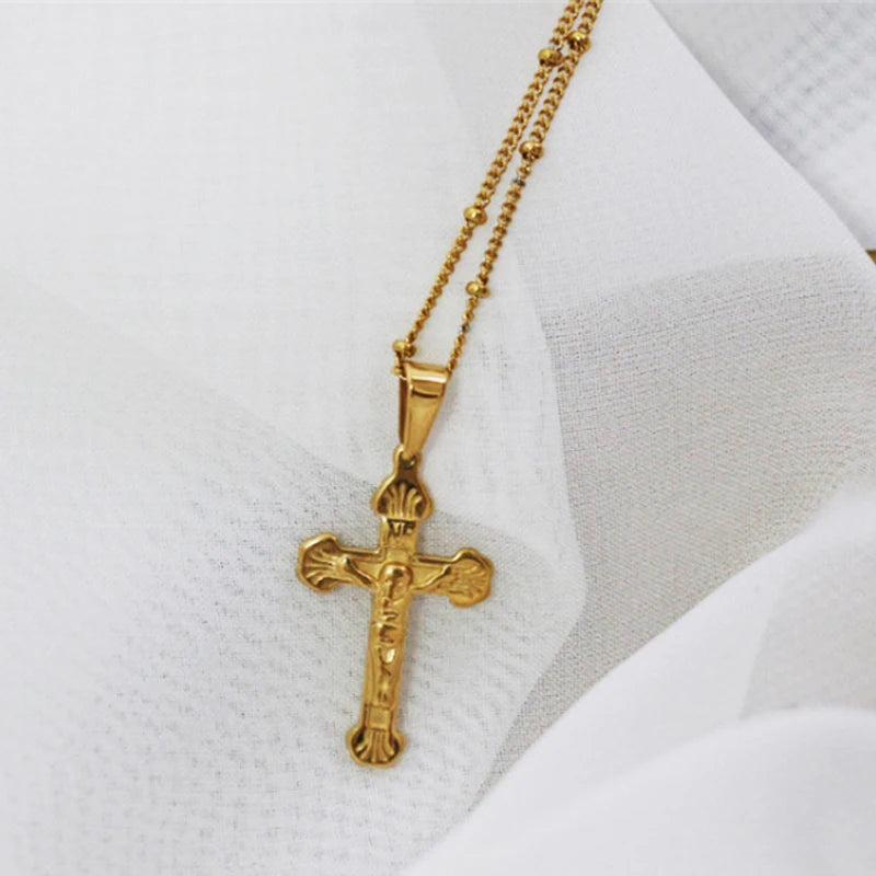 Street Style 18k Gold Small Jesus Cross Necklace Stainless Steel Women Men Crucifix Pendant Chain Necklace Hiphop Jewelry