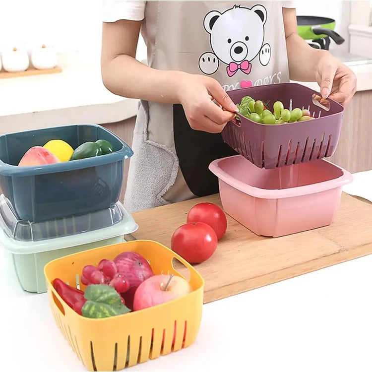 Kitchen Drain Basket Bowl with Lid Rectangular Plastic Drain Washing Basket for Fruit & Vegetable