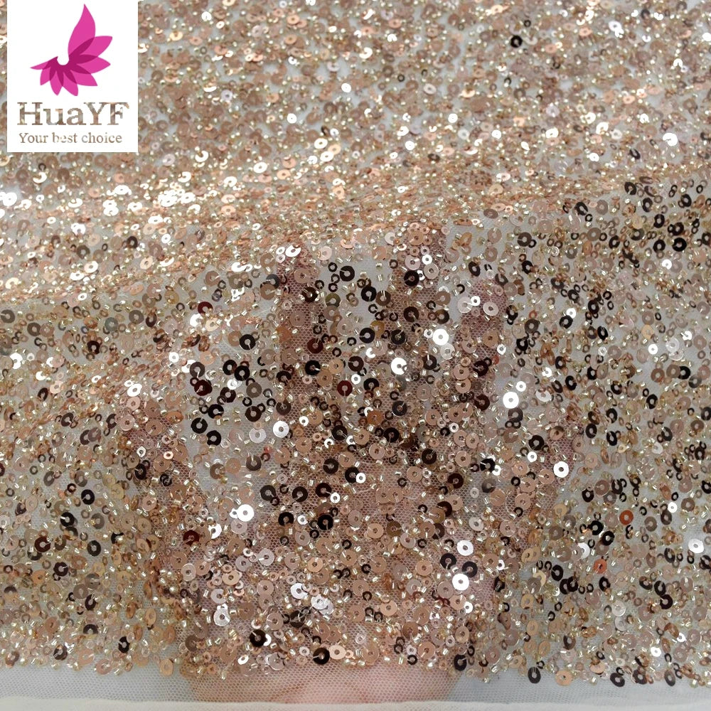 New Arrival Gorgeous Rose Gold Net Lace With Shining Sequins and Beads Lace Dress Fabric HY1445-1 MegaBDM
