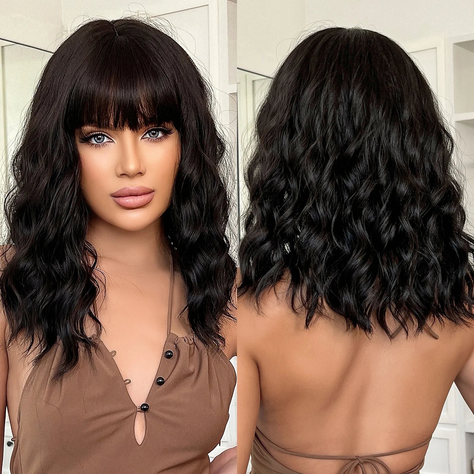 Moq 1 Factory Wholesale Synthetic Wig With Bangs Natural Curly Black Synthetic Wig Soft Hair Without Glue