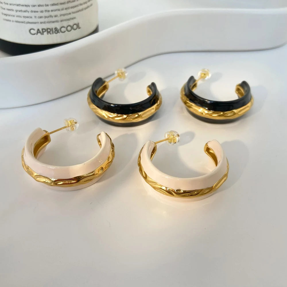 New Exaggerated Titanium Steel Gold-plated Semi-circular Glazed Earrings Stainless Steel Gold-plated C-shaped Earrings