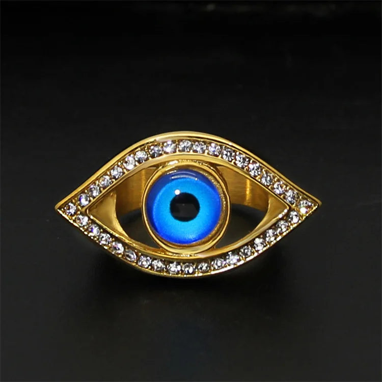 Non Tarnish Stainless Steel Turkish Fashion Jewellery Gold Plated Blue Eyes Cz Ring