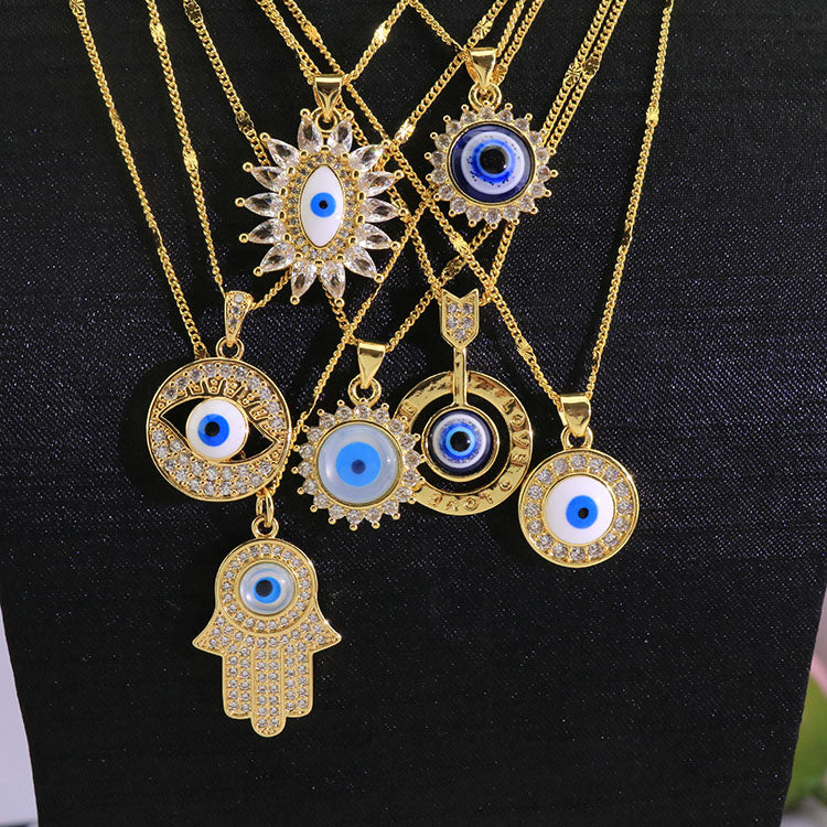 NZ1429 New 2023 Chic 18k Gold Plated CZ Pave Blue Turkish Evil Eyes Eyeball Pendant Chain Layering Lucky Protection Necklace