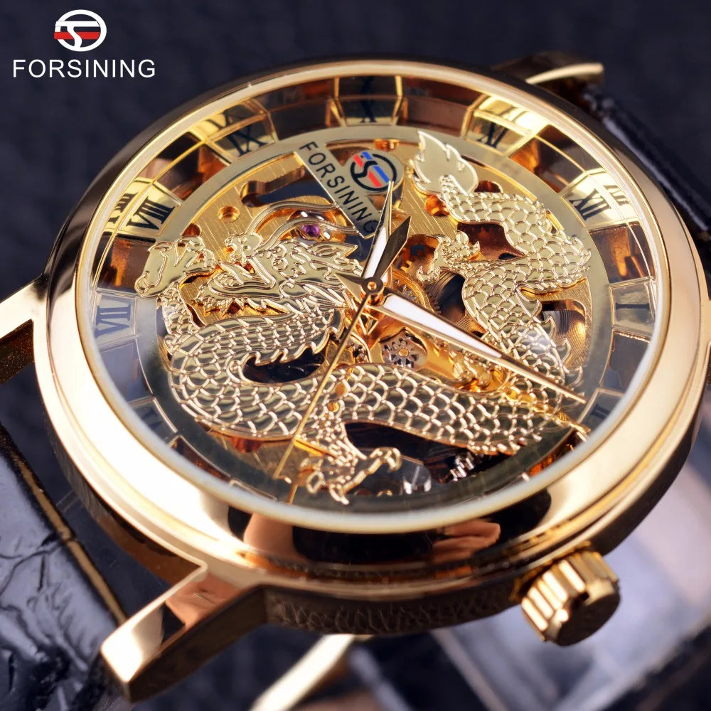 Forsining China Dragon Dign Transparent Case Gold Watch Mens Top Brand Luxury Mechanical Male Wrist