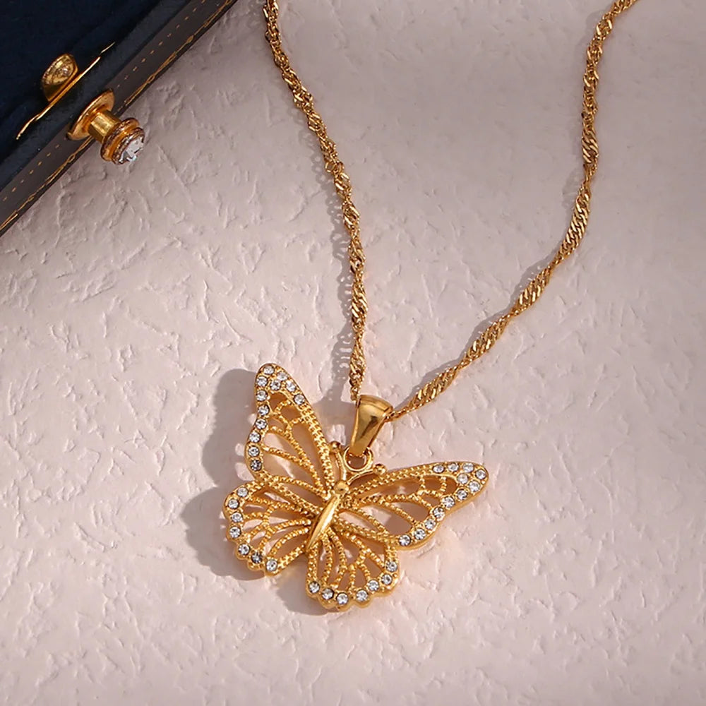 Elegant Hollow Out Zircon Butterfly Necklace 18K Gold Plated Stainless Steel Tarnish Free Jewelry