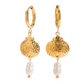 J&D Summer Beach Decoration Stainless Steel Hoop Earrings Freshwater Pearl Texture Pendant Ocean Shell Inspired Jewelry