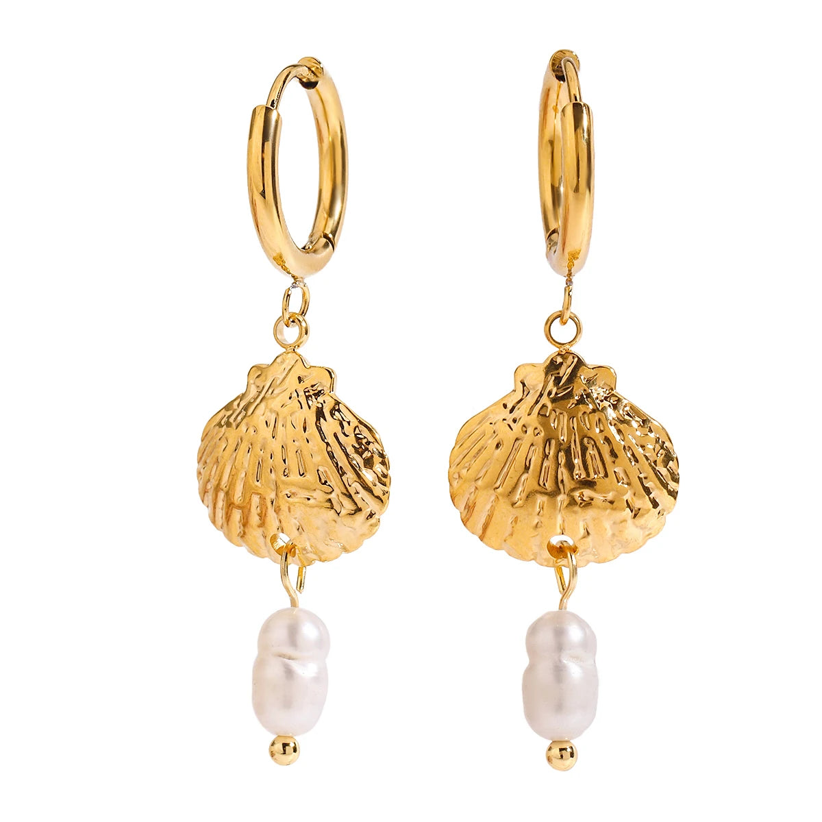 J&D Summer Beach Decoration Stainless Steel Hoop Earrings Freshwater Pearl Texture Pendant Ocean Shell Inspired Jewelry