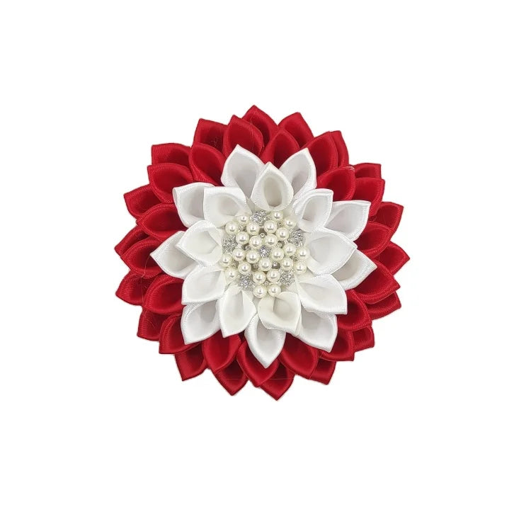 11 cm Gorgeous Red and White Polyester Satin Ribbon Petal Flower Silver Plated Brooch Safety Pin for Wedding Engagement Gift