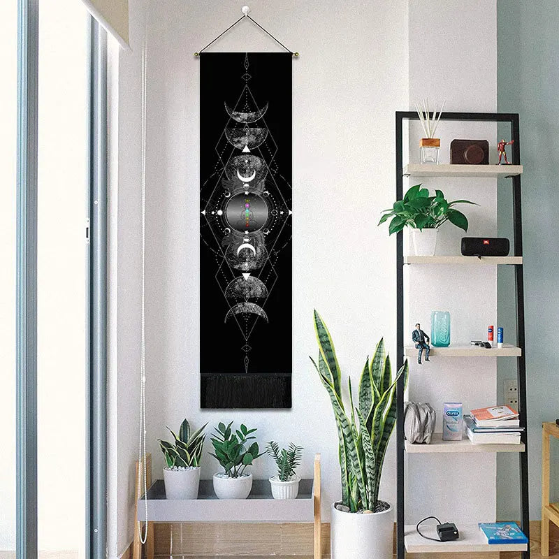 Bohemia Tassel Phase Tapestry Black White Tarot Wall Hanging Decor Lunar Eclipse Changing Sun Moon Art Tapestry for Home Bedroom
