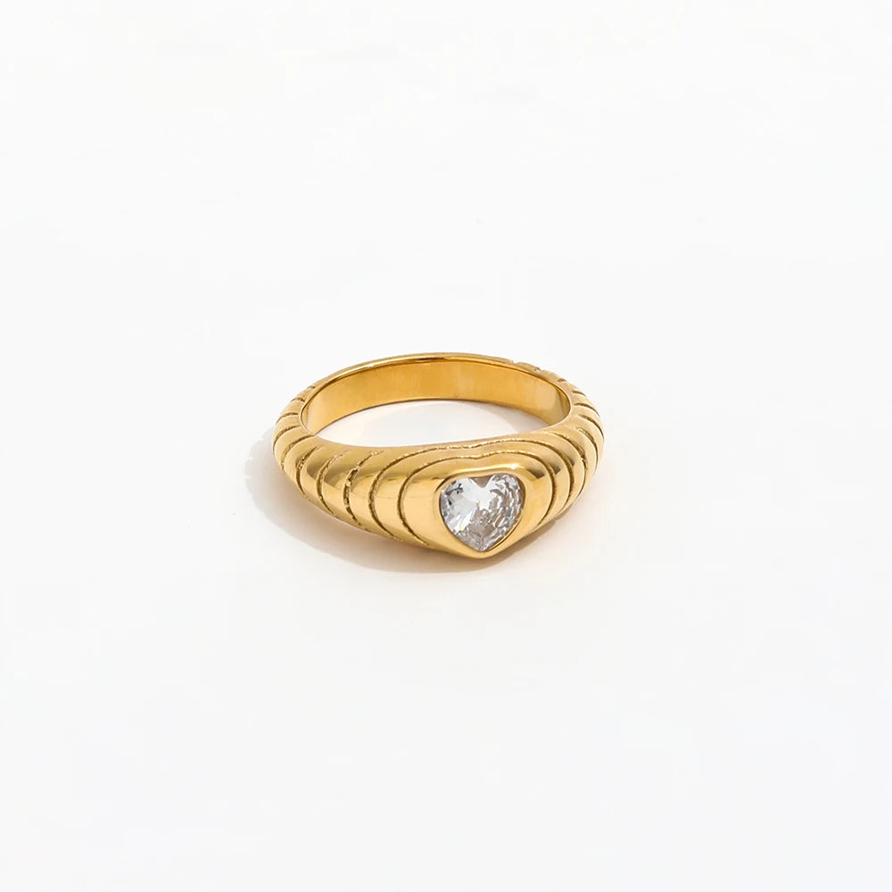 High End 18K Plain Gold Zirconia Heart Statement Croissant Dainty Rings Stainless Steel Trendy Simple Gold Plated Jewelry