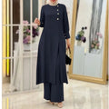 S-3XL Fashionable and Elegant Solid Color Irregular Long Shirt Top Wide Leg Pants Long Robe Muslim Women's Two-piece Set