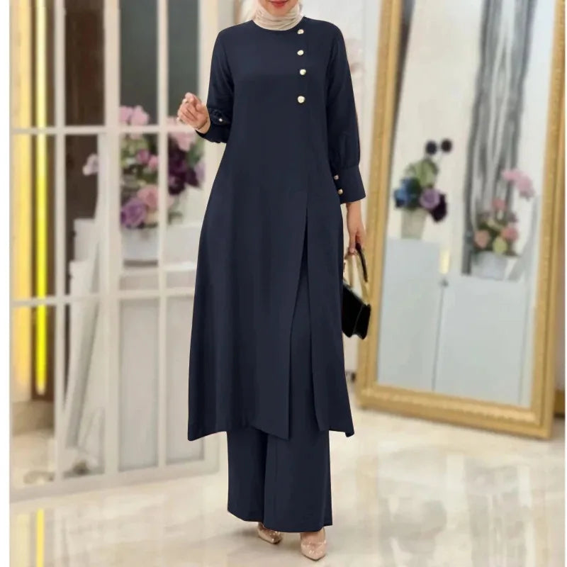 S-3XL Fashionable and Elegant Solid Color Irregular Long Shirt Top Wide Leg Pants Long Robe Muslim Women's Two-piece Set