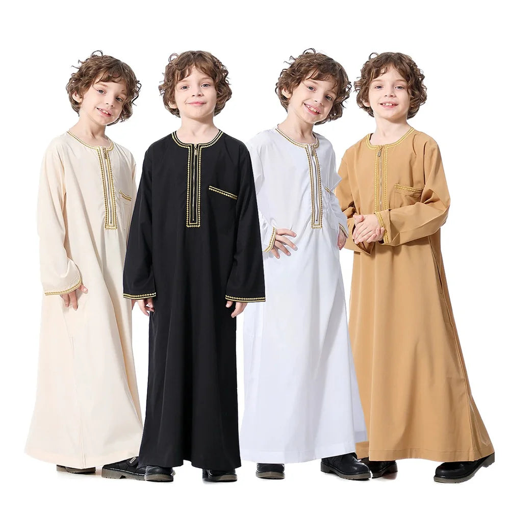 Traditional Islamic Modest Style Thobe for Boys Solid Color Arab Embroidered Zipper Muslim Robe for Children