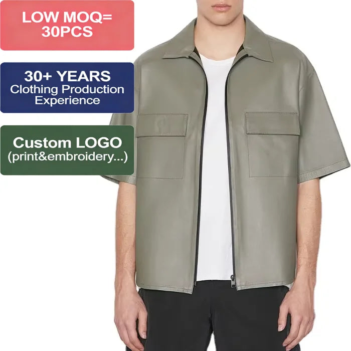 OEM Customize Short Sleeve Drop Shoulder Double Chest Pockets Zip Plain Faux Leather Shirt Hip Hop Men PU Shirts