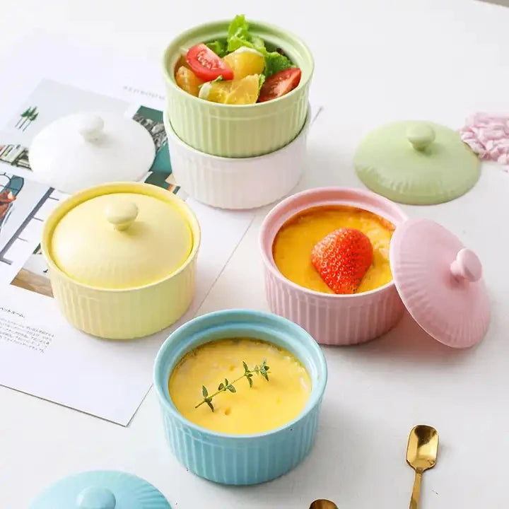 Oven Safe Ceramic Creme Bowls with Lid Eco-Friendly Dessert Bowls for Cake Pudding for Restaurant Wedding