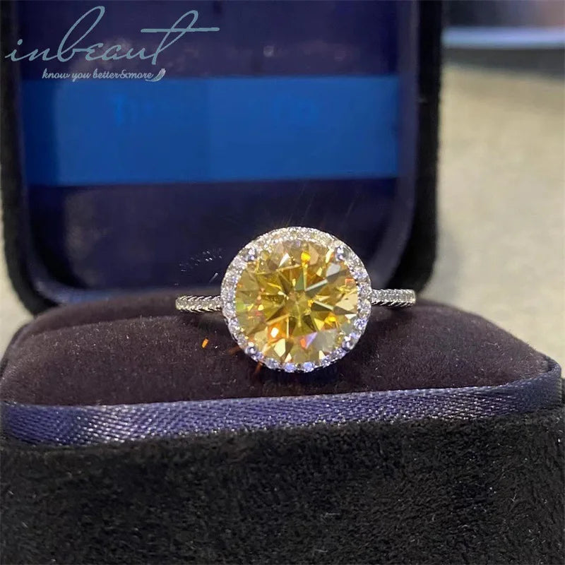 Silver 925 Original 2 Carat Round Brilliant Cut Diamond Test Past Shiny Yellow Moissanite Wedding Ring for Women Fine Jewelry