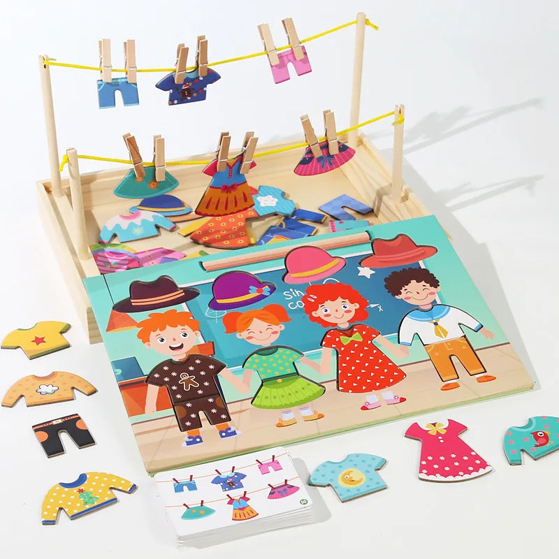 Early Education Wood Toys for Kids Children's Changeable Clothesline Drying Sets Boys & Girls House Play
