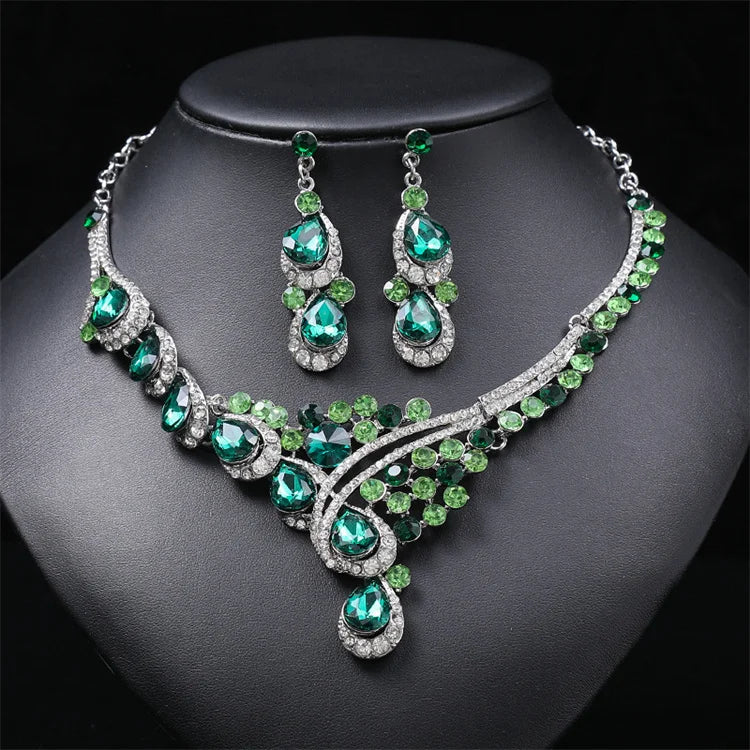 Wholesale Trendy Luxury Water Drop Leaf Diamond Crystal Gem Statement Necklace Earring Bridal Jewelry Set