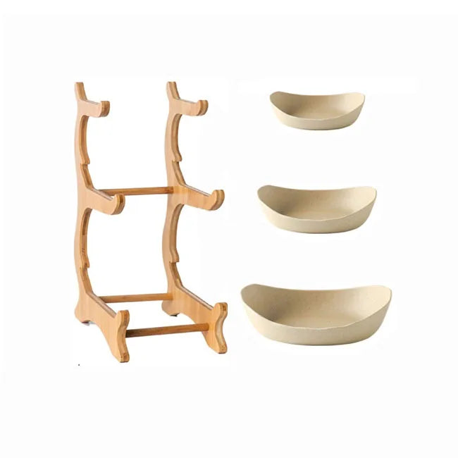 Living Room Kitchen 3 Tier Ceramic Fruit Plate Bamboo Wooden Fruit Tray Rack