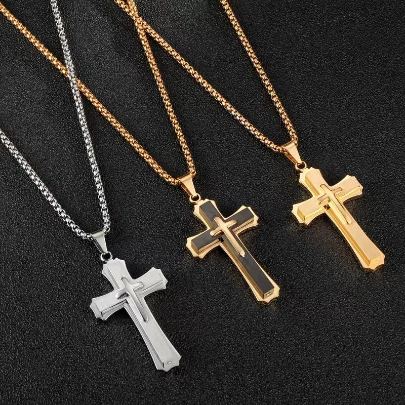 Zhongzhe Jewelry Custom Three-dimensional Three-tiered Cross Pendant Necklace DIY logo Stainless Steel Necklace for Man