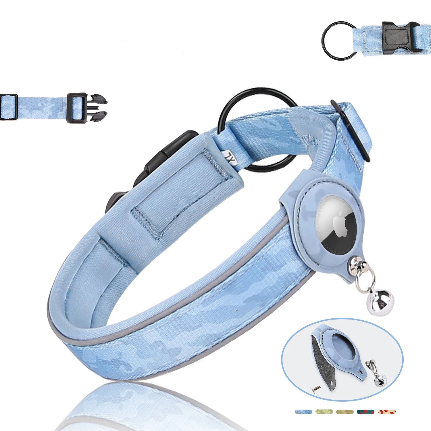 Multicolor Solid Reflective Padded Luxury Elegant Nylon AirTag Dog Collar with Detachable Leather Airtag Holder Case