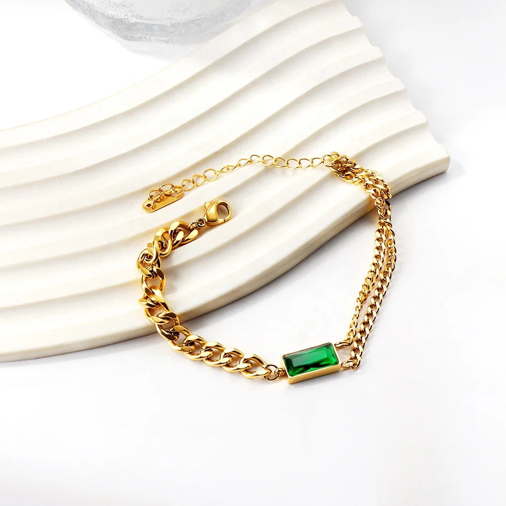New Dainty Gold Plated Stainless Steel Bracelet Thick Chain Cubic Zirconia Jewelry Gift Green Rectangle Charm Bracelet for Women