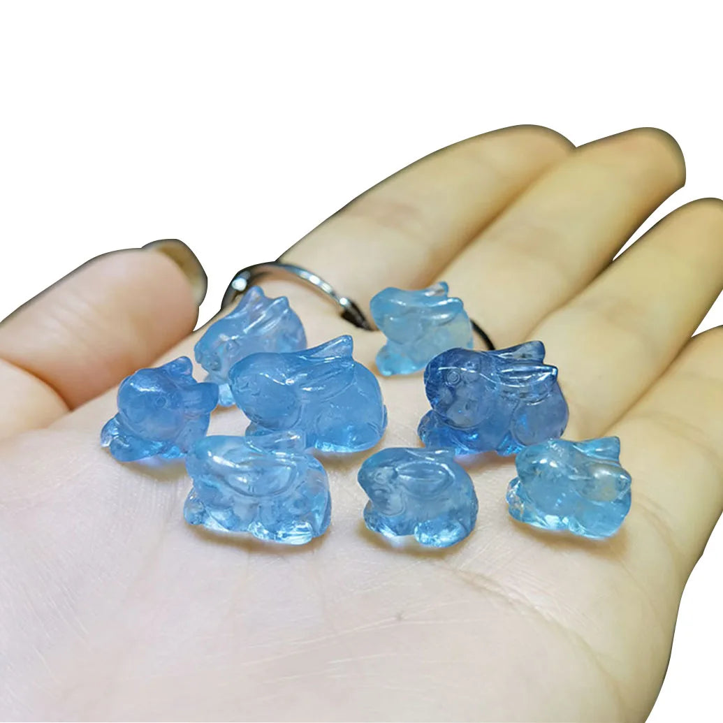 Aquamarine Tiny Rabbit Carved Figurines Lovely Bunny Pendant Blue Gem Carvings