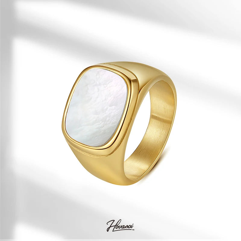 HOVANCI Unique Rectangle Shell Ring 18k Gold Ip Plateding Stainless Steel Croissant Rings for Women Men