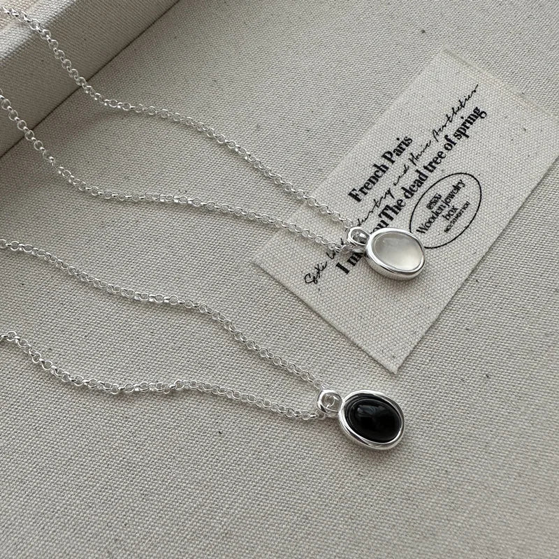 Geometric 925 Sterling Silver Black White Agate Round Pendant Necklaces for  Women Christmas Gifts Jewelry