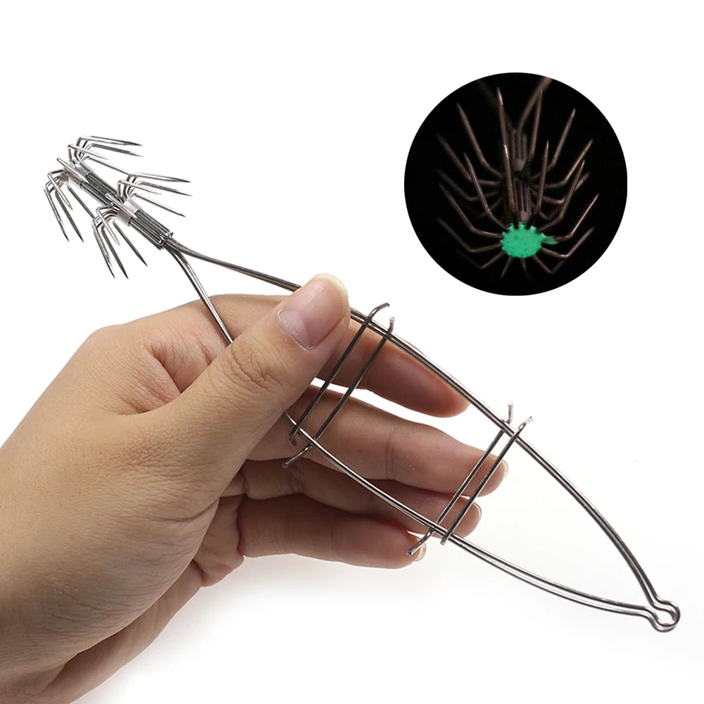 Stainless Steel Double Layer Bait Cage Rig Squid Octopus Fishing  Luminous Double Umbrella Jig Hook Fishing Tackle