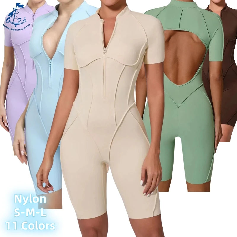 Women Zipper Backless Tops Shorts Yoga Jumpsuits WIth Cups Gym Fitness BodySuits Workout Clothes Sportswear Tracksuits Shapewear