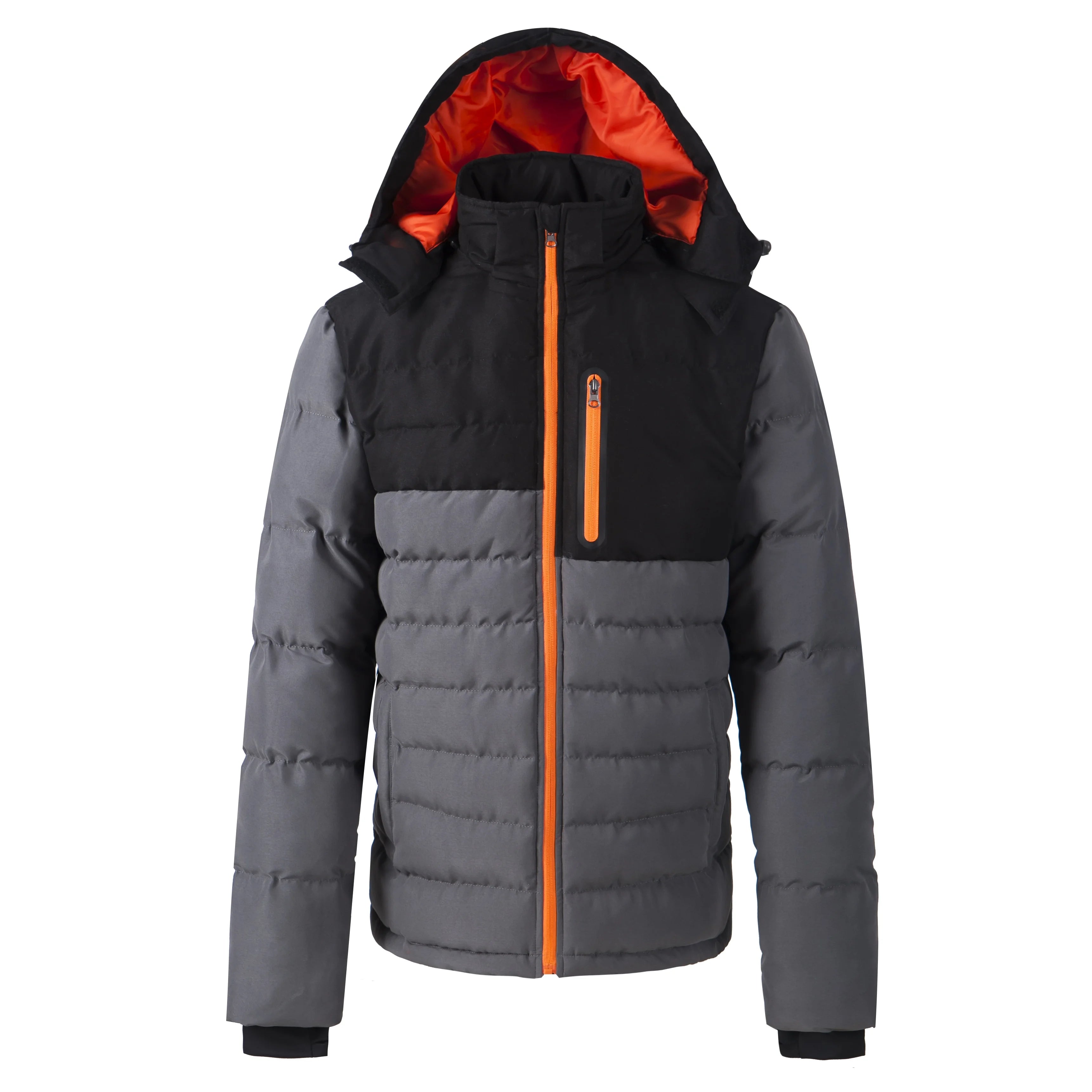 European Jackets Black and Gray Block Hooded Puffer Coat