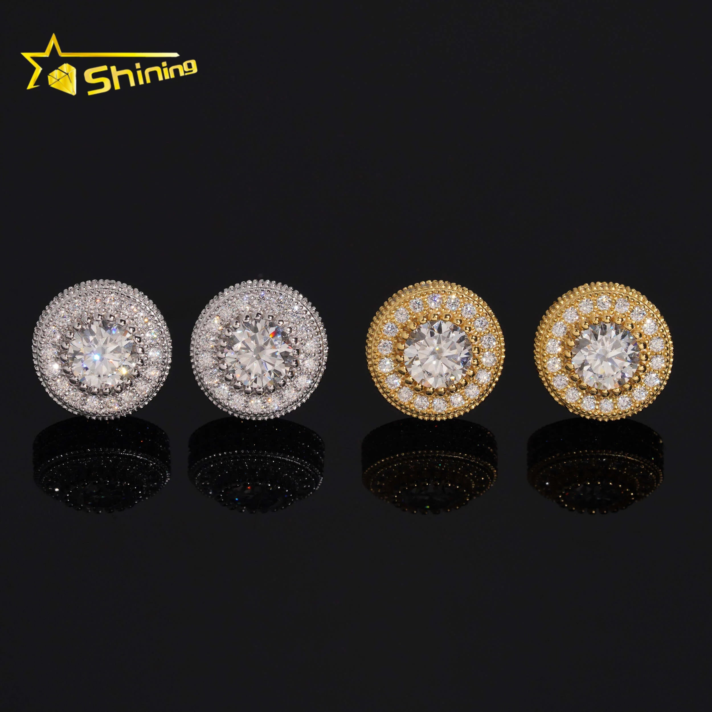 Hip Hop Men Cluster Round Moissanite Stud Earring Fine Jewelry Gold Plated 925 Sterling Silver VVS Moissanite Screw Back Earring