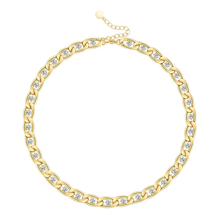 Fashion High Quality 18K Gold Plated Stainless Steel Jewelry Crystal Zircon Link Chain Choker Necklace P213192