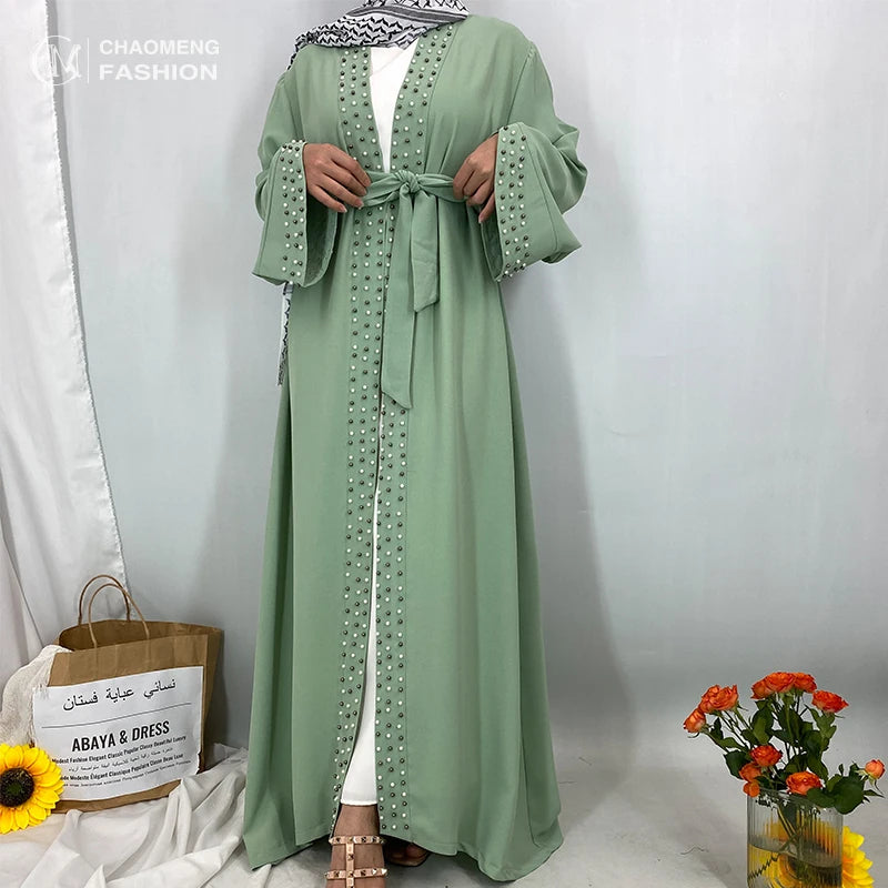 Hot Sale Pearl Abaya High Quality Crepe Long Sleeve Open Abayas Cardigan Middle East Islamic Fashion Clothing 1838#