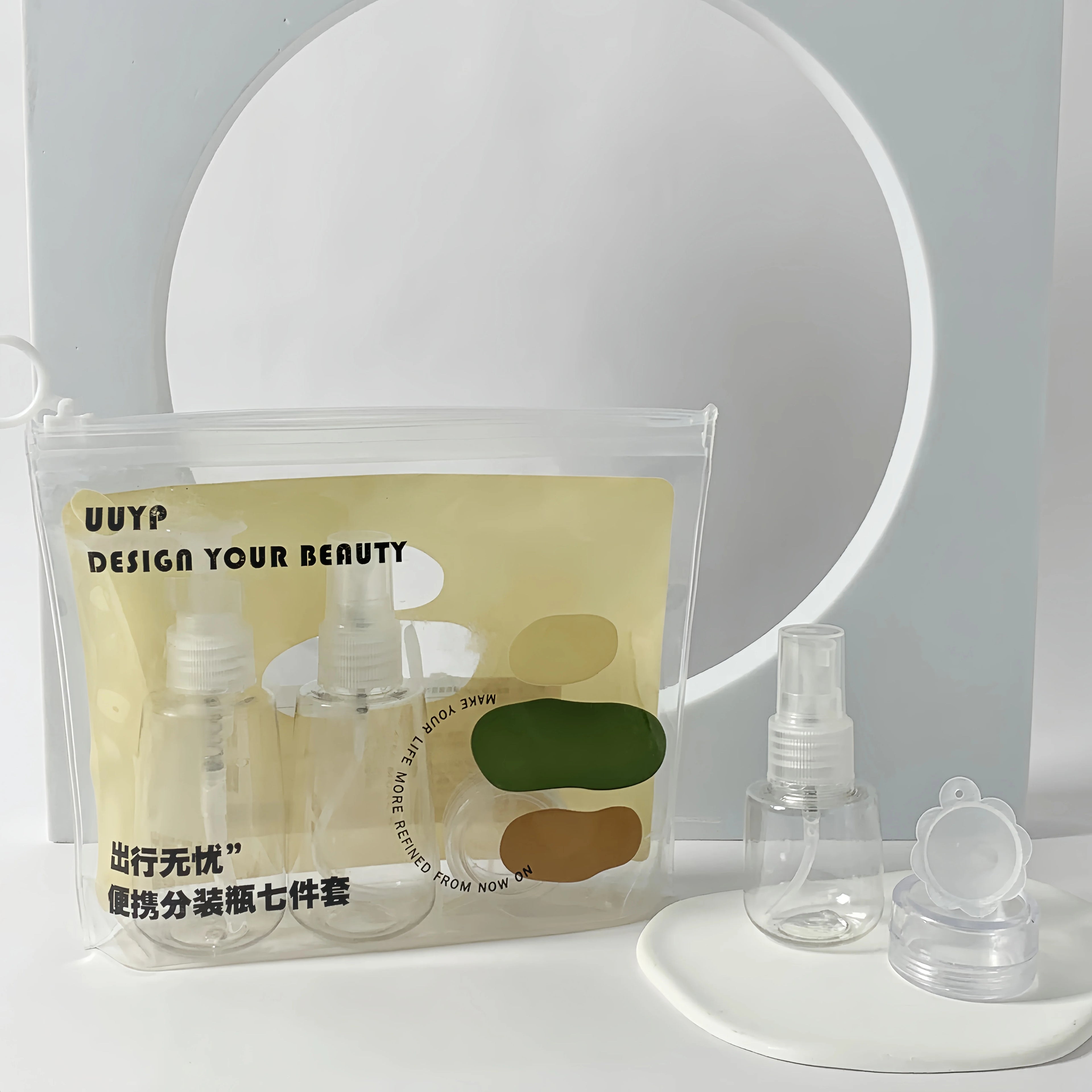 UUYP L-B075 7 Pcs Clear White PET Plastic Travel Bottles Set Toiletries Portable Lotion Mist Spray Fine Pocket Care Round