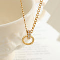 Fashion Jewelry Inlay Zircon Circle Pendant Necklace PVD 18K Gold Plated Stainless Steel Chain Link Double Interlocking
