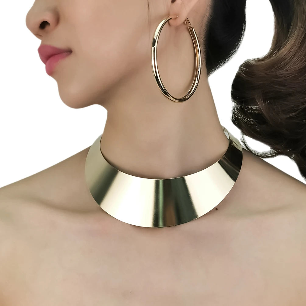 Top Selling Glossy Alloy Western Necklace Statement Big Hoops Earrings Sets Plated Gold Indian Wedding Jewelry Sets