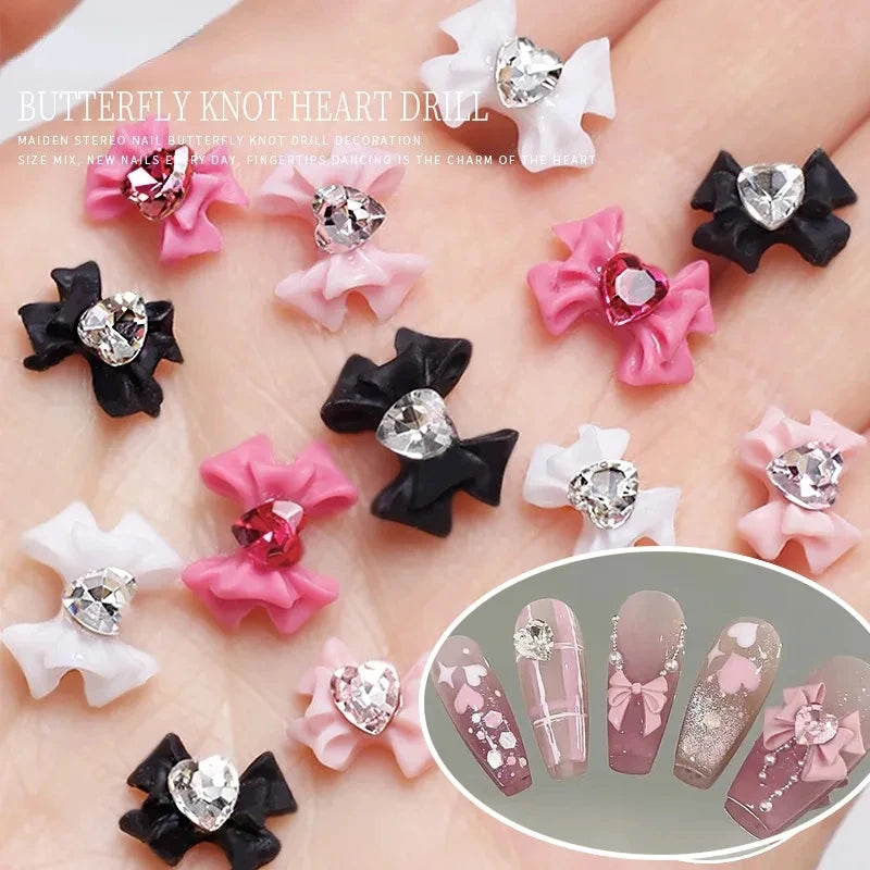 10Pcs Resin Ribbon Bow Nail Charm Parts 3D Rhinestone Nail Art Decoration Accessories for DIY Manicure Design Heart Nail