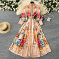 LW0735 Vintage Elegant Print High-Neck Lantern Sleeve Waist Dress Women'S 2025 Spring Holiday Dress Casual Women'S Dresses