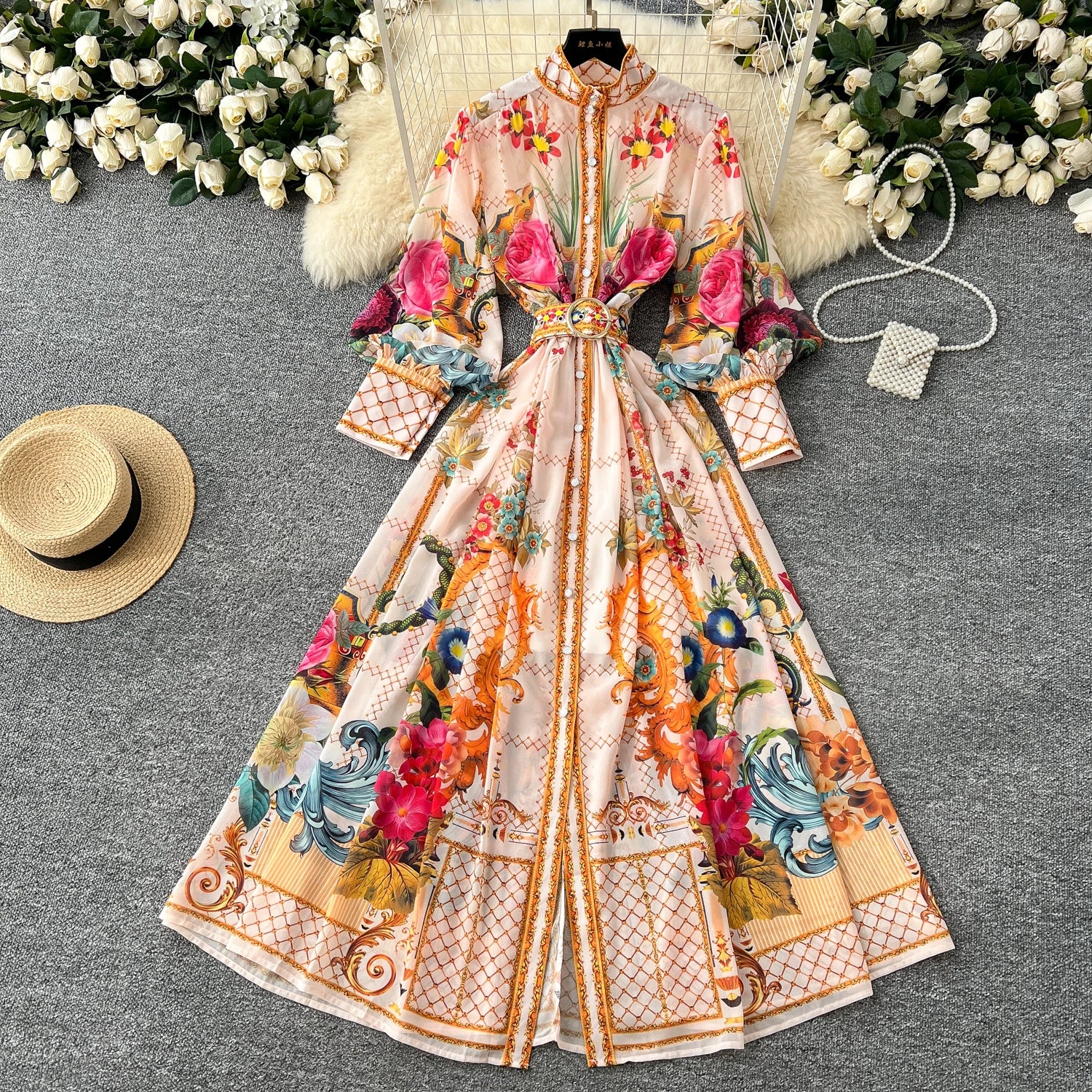LW0735 Vintage Elegant Print High-Neck Lantern Sleeve Waist Dress Women'S 2025 Spring Holiday Dress Casual Women'S Dresses