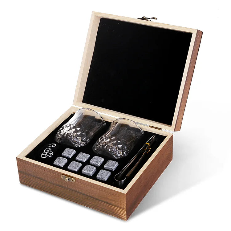 . Hot Sale Verified Suppliers  Artisan Crafted Square Round Chilling Rocks  Whiskey Stones and Whiskey Glass Gift Boxed Set