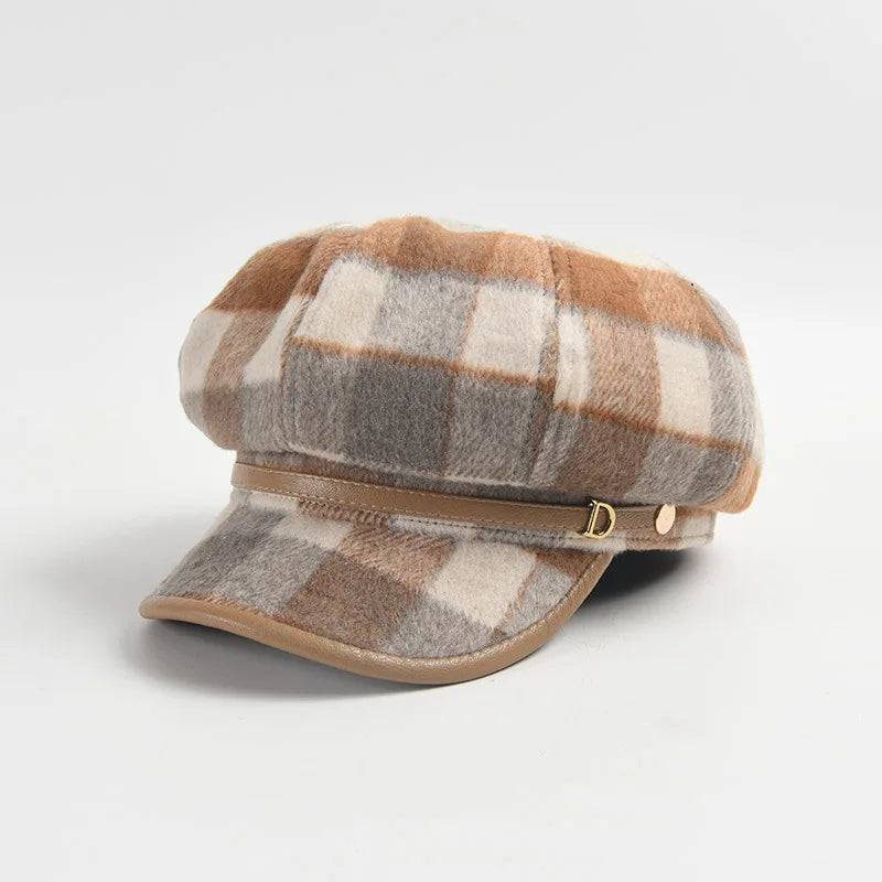 Women Plaid Newsboy  Cap Beret Hat Women New Autumn Winter British Style Checked Newsboy Hats for Women