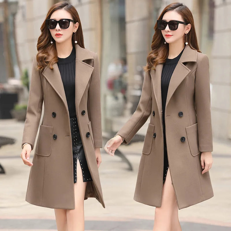 2025 Solid Color Women Winter Wool Blend Camel Mid-Long Coat Notch Double-Breasted Lapel Jacket Outwear