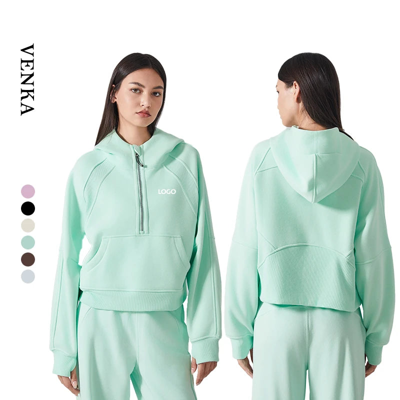 Ladies' Lightweight Breathable Oversized Coat Pockets Warm Fleece Half Zipper Hooded Windproof Yoga Fitness Sweatshirt