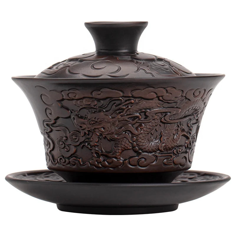 Handmade Ceramic Anti-Scald Tea Cup & Bowl Retro Single Chinese Style Tea Set Three-Talent Carved Craft Purple Clay Gaiwan