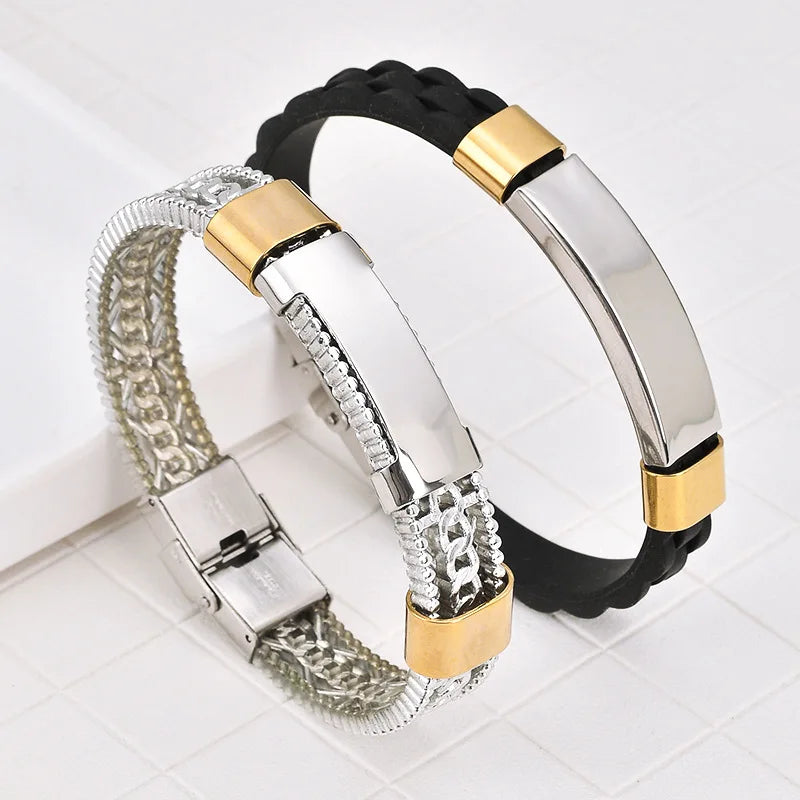 Custom Engraved Name ID Tags Adjustable Stainless Steel Mesh Bracelet for Men