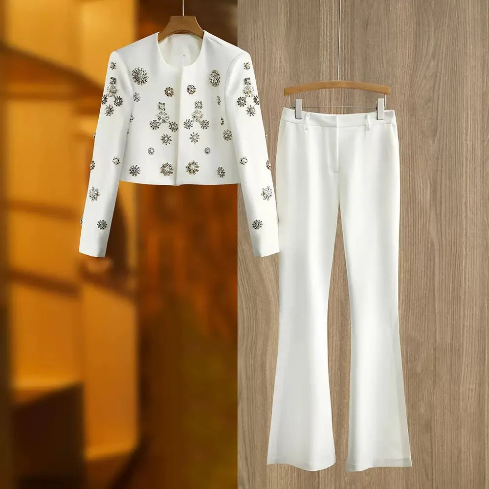 Luxury Fine Workmanship Beads Rhinestone Lady Suit Short Length Coat Slit Wide Leg Pants Women 2Pcs White
